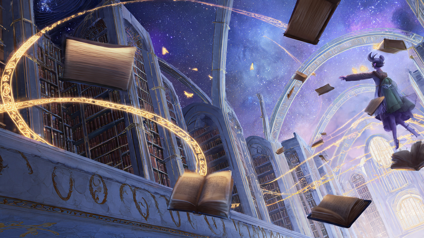 Magical Floating Library with Glowing Runes | 4K Fantasy Wallpaper